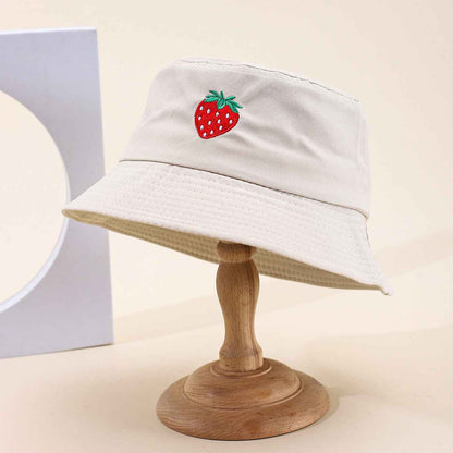 Women's Pink Strawberry Embroidered Casual Bucket Hat texture close-up