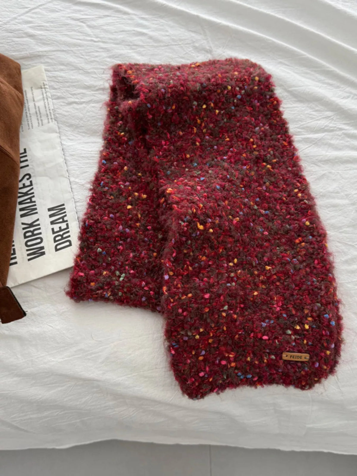Unisex Multicolor Speckled Knit Scarf — burgundy speckled knit scarf folded flat
