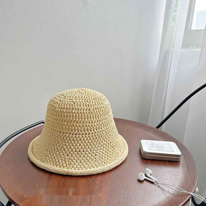 Unisex Black Crochet Straw Bucket Sun Hat style view