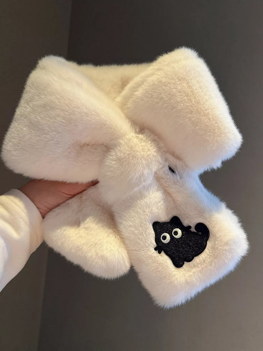 Unisex Embroidered Cat Plush Scarf — pale plush scarf tied with a dark cat face embroidery