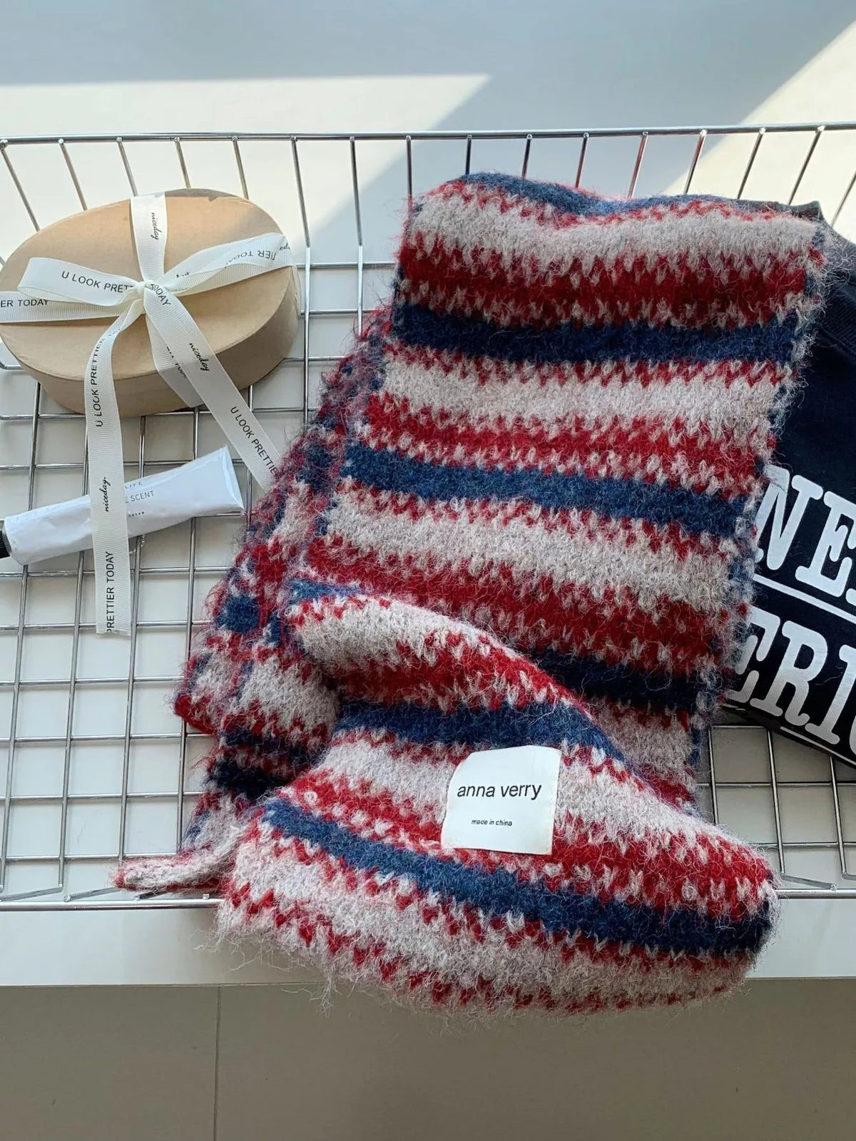 Unisex Striped Knitted Warm Scarf — folded scarf showing red blue and pale stripe bands