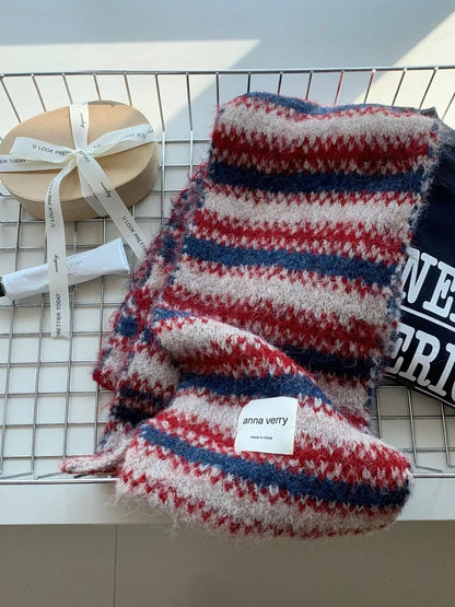 Unisex Striped Knitted Warm Scarf — folded scarf showing red blue and pale stripe bands