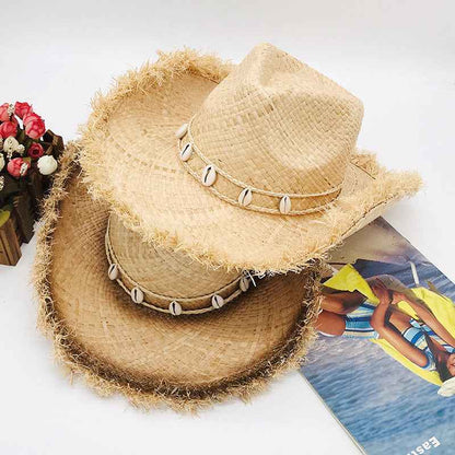 Unisex frayed raffia cowboy sun hat front view