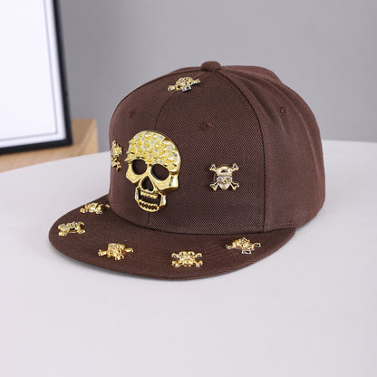 Unisex Brown Gold Skull Embellished Snapback Cap embroidery close-up