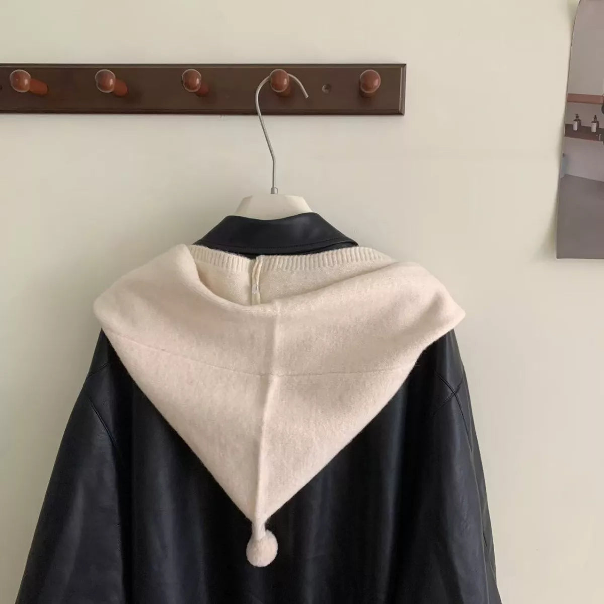 Unisex Knitted Hooded Scarf — back view of beige hooded scarf with pointed shape