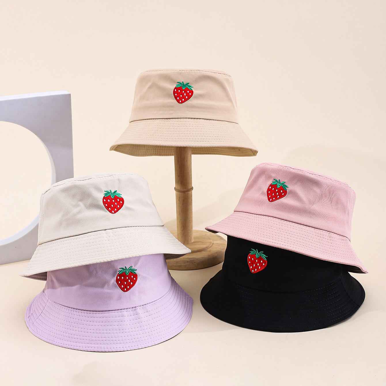 Women's Black Strawberry Embroidered Casual Bucket Hat side angle