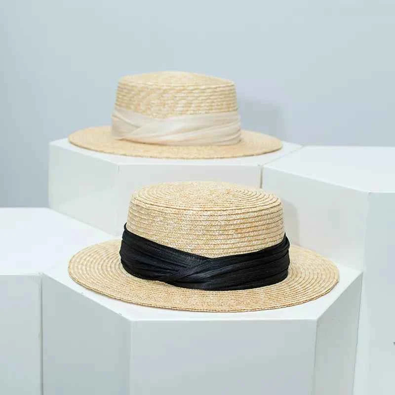 Straw Boater Hat with Ribbon Accent
