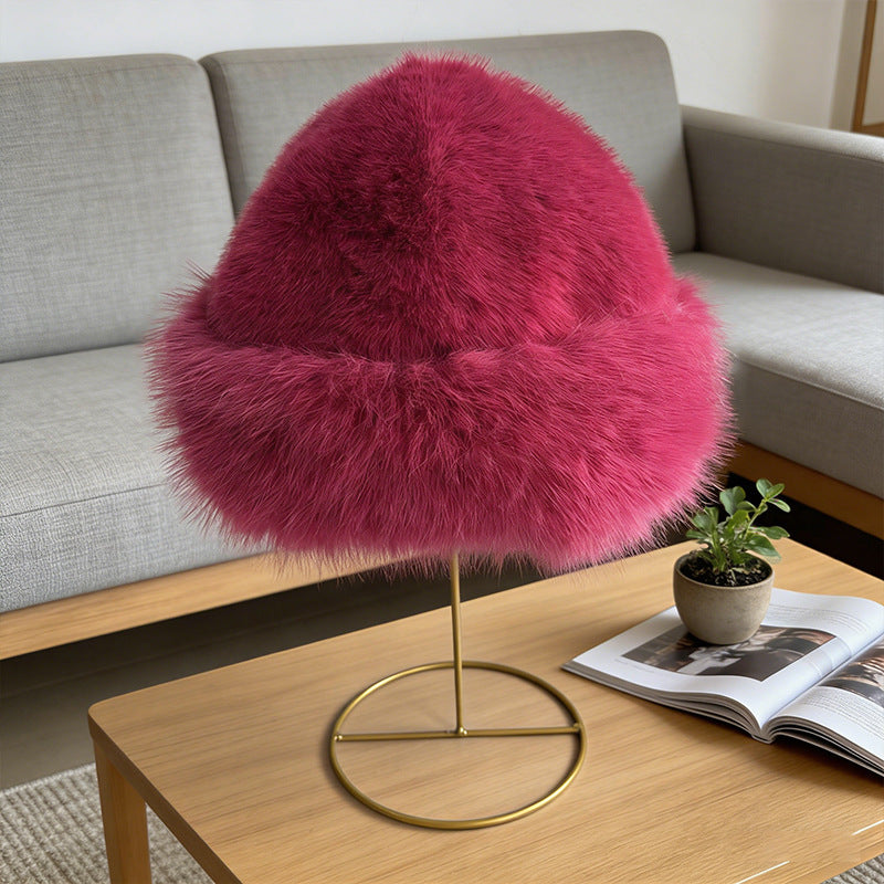Rose red fluffy faux fur cloche hat with a turned-up edge