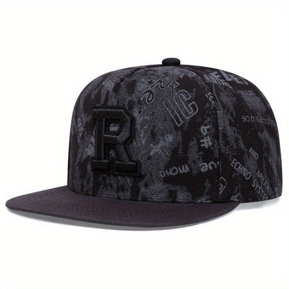 R letter patch cap brim close up
