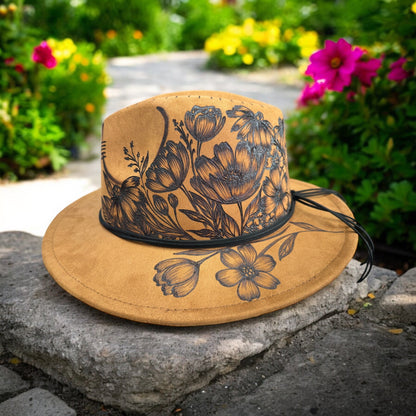 Opposite angled view of the Flower Garden hat showing flowers around the crown
