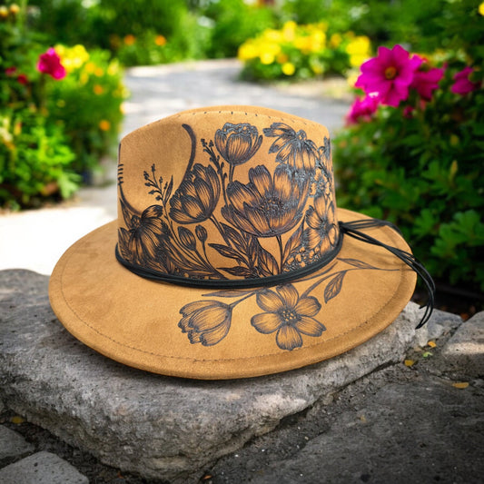 Opposite angled view of the Flower Garden hat showing flowers around the crown