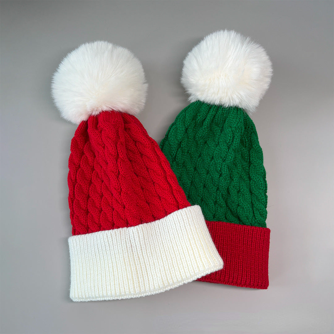 Unisex Christmas Pom Pom Beanie – Red & Green Cable Knit Winter Hat - Christmas Red side angle