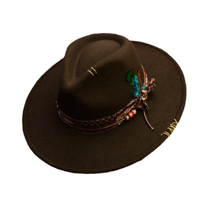 Distressed western fedora brim and embroidery close-up