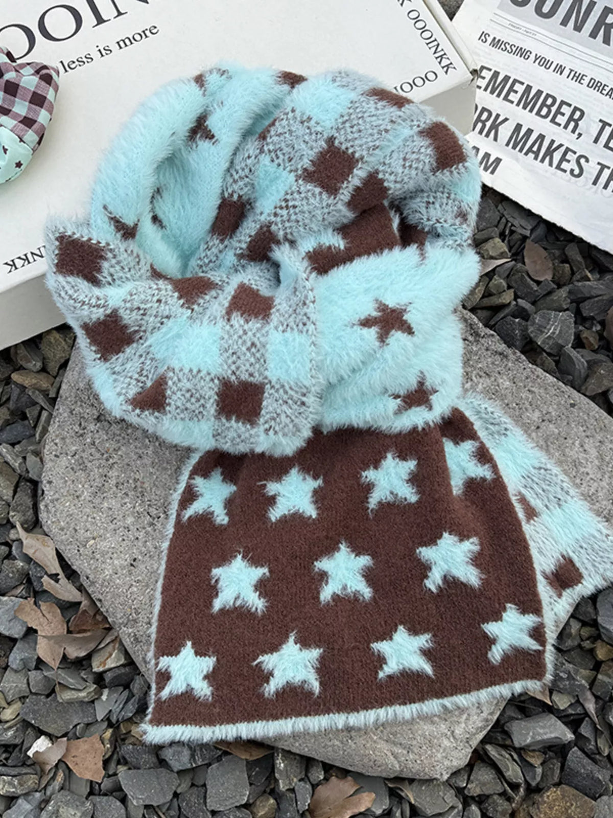 Unisex Star and Check Knit Scarf — star and check scarf arranged in a circular knot