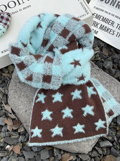 Unisex Star and Check Knit Scarf — star and check scarf arranged in a circular knot