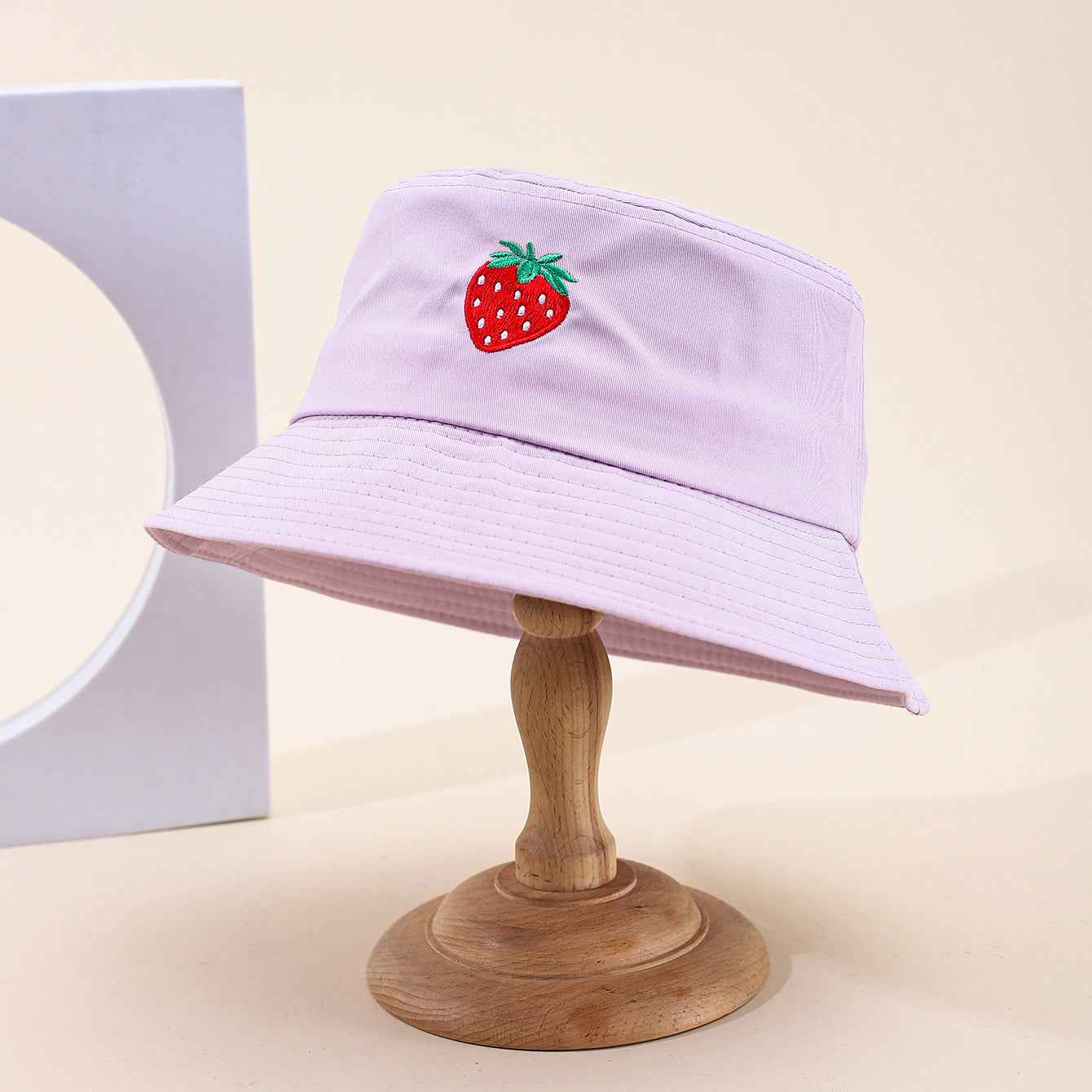 Women's Khaki Strawberry Embroidered Casual Bucket Hat fit detail
