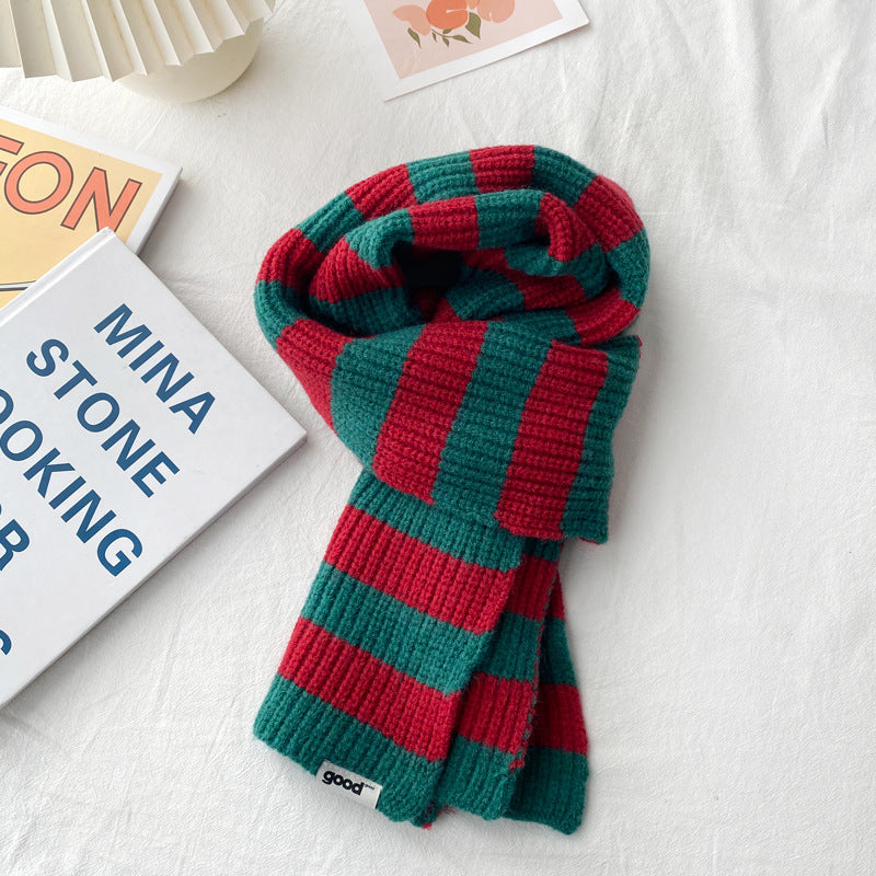 Red and dark green striped winter scarf with ribbed ends
