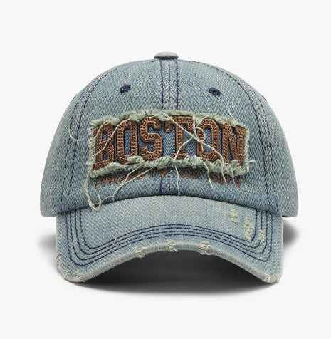 Unisex Boston Embroidered Distressed Cotton Baseball Cap