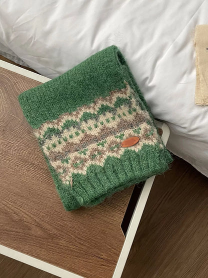 Unisex Nordic Motif Knit Scarf — folded green scarf showing decorative end bands