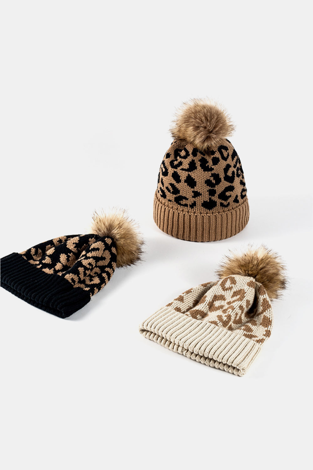 Women's Khaki Leopard Pom-Pom Cuffed Beanie front view photo 13