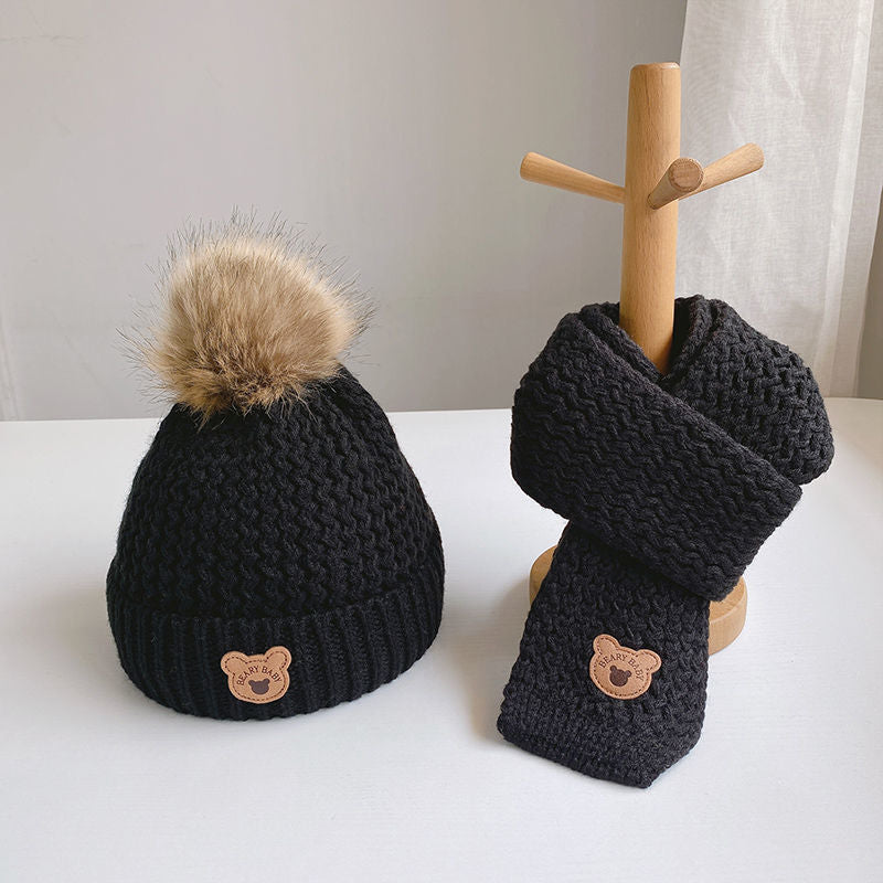 Kids Bear Hat Set Yellow Warm Velvet Bear Hat and Scarf Set color option photo 06