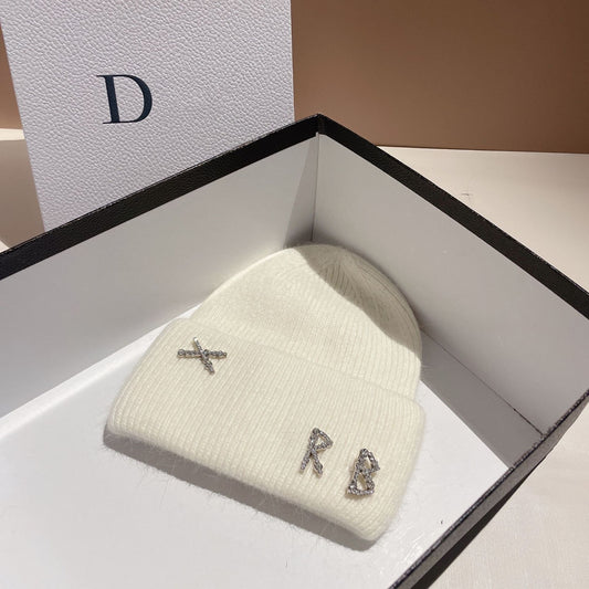Women's Rhinestone Embellished RB Letter Knit Winter Beanie — white knit beanie with rhinestone RB cuff detail