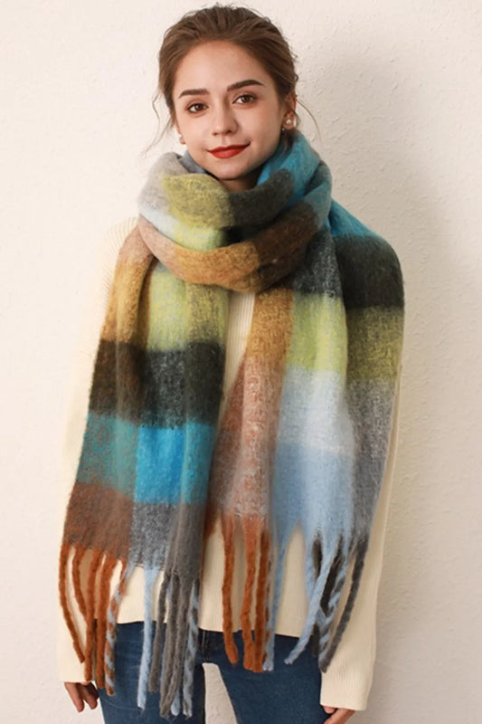 Unisex Thermal Fringe Contrast Plaid Scarf in Gray/Blue grid - styled detail 2