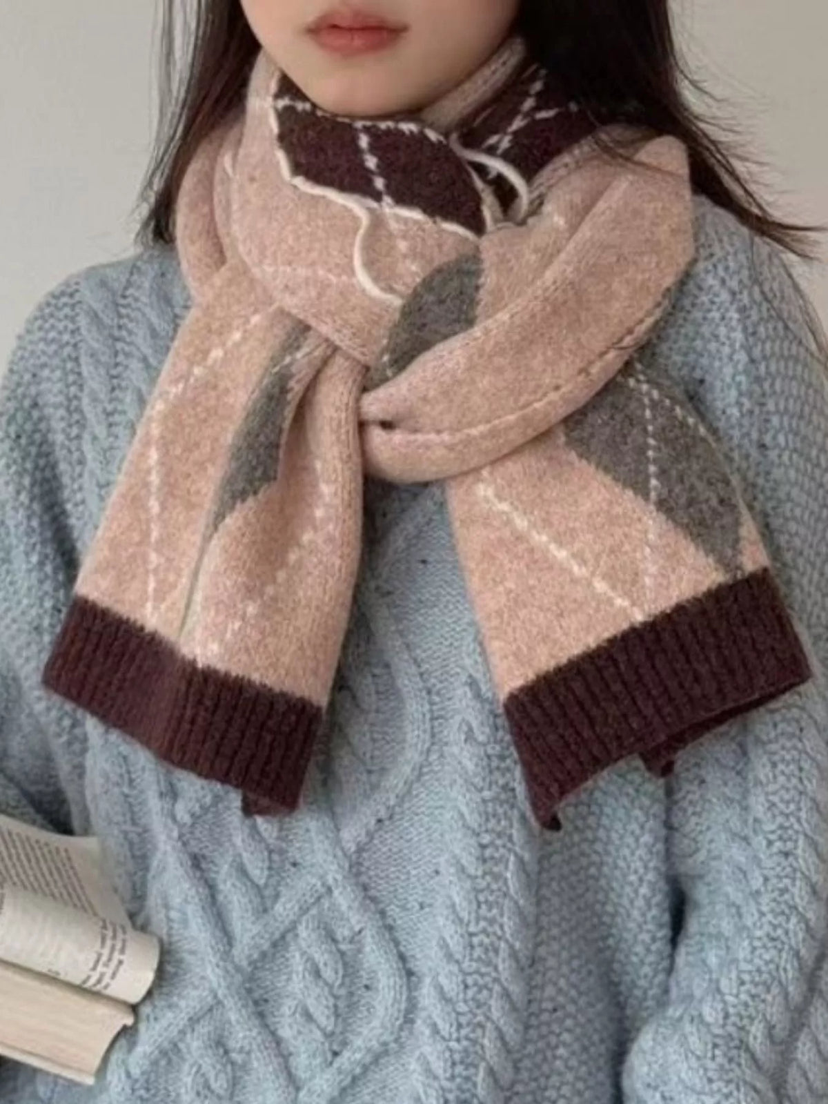 Unisex Classic Argyle Knitted Winter Scarf — front view of pink argyle scarf and dark end bands