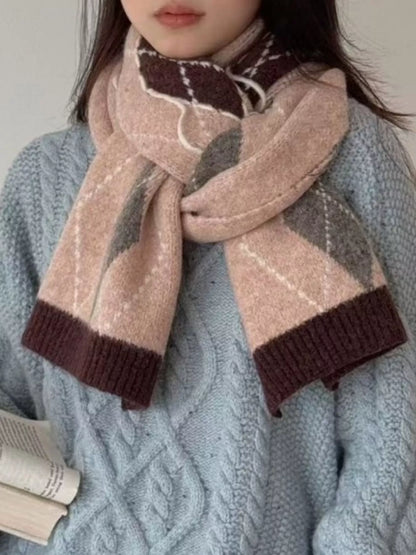 Unisex Classic Argyle Knitted Winter Scarf — front view of pink argyle scarf and dark end bands