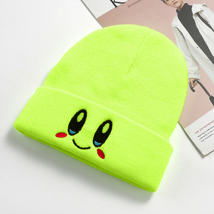 Fluorescent yellow cuffed beanie with smiling face embroidery