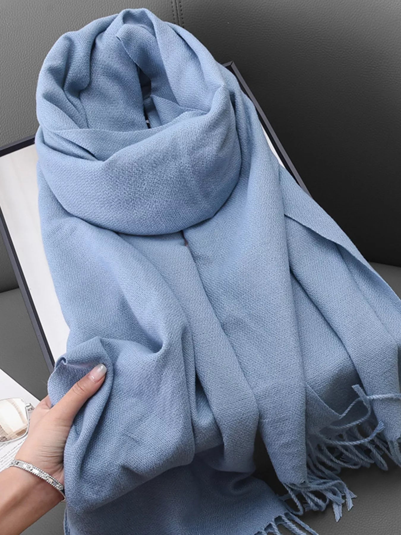 Unisex Heritage Solid Color Fringe Scarf in Dusty Blue - draped view 10