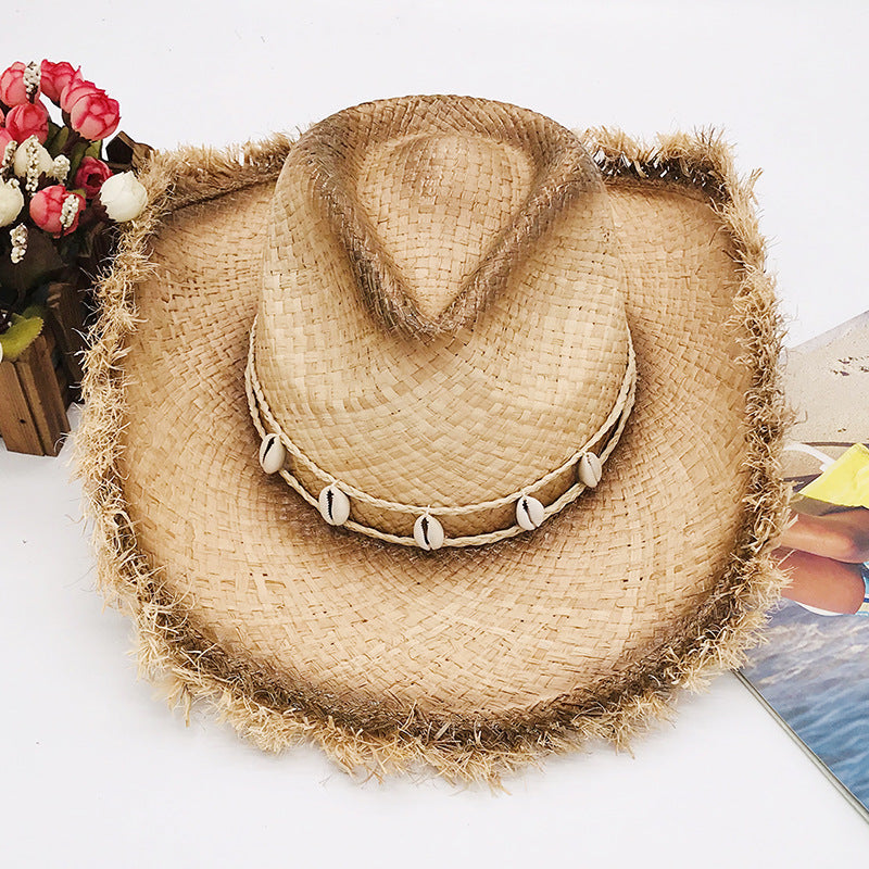 Adjustable raffia cowboy hat brim texture close-up