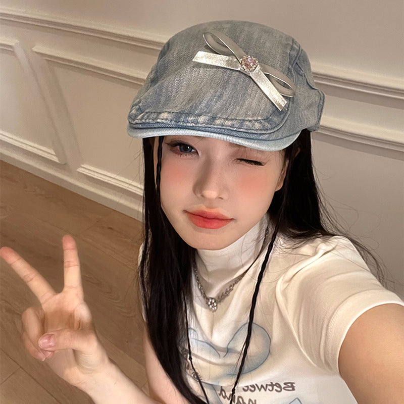 Womens vintage denim newsboy cap with bow - product photo 4