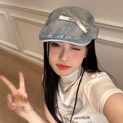 Womens vintage denim newsboy cap with bow - product photo 4