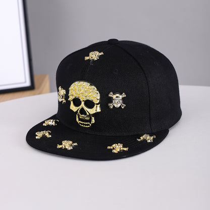 Unisex Black Gold Skull Embellished Snapback Cap side angle