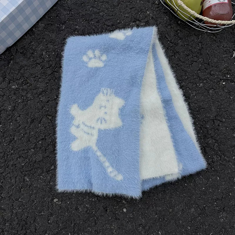 Unisex Cat Paw Pattern Scarf — blue scarf showing a pale cat and paw motifs