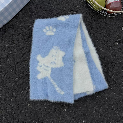 Unisex Cat Paw Pattern Scarf — blue scarf showing a pale cat and paw motifs