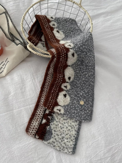Unisex Sheep Motif Knit Scarf — gray sheep scarf arranged with contrasting brown band