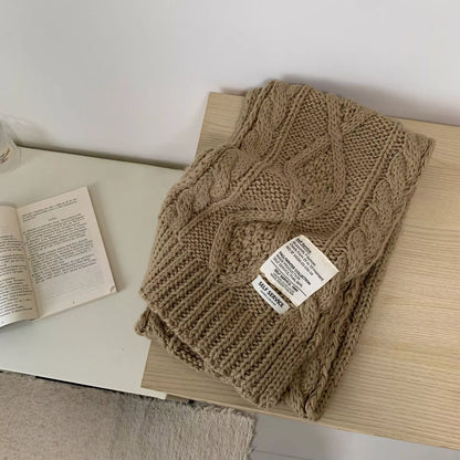 Unisex Chunky Cable Knit Scarf — camel cable scarf with small end label