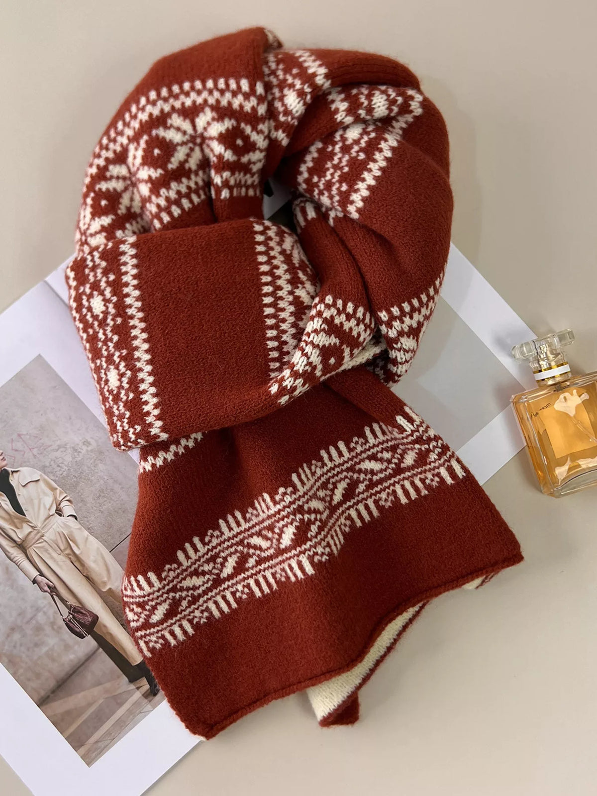 Unisex Winter Snowflake Pattern Knitted Scarf — red and cream patterned scarf with crossed ends