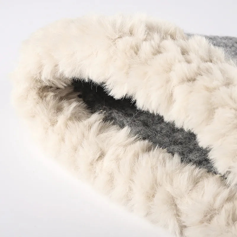 Unisex Faux Fur Trim Knit Beanie - Indigo texture close-up
