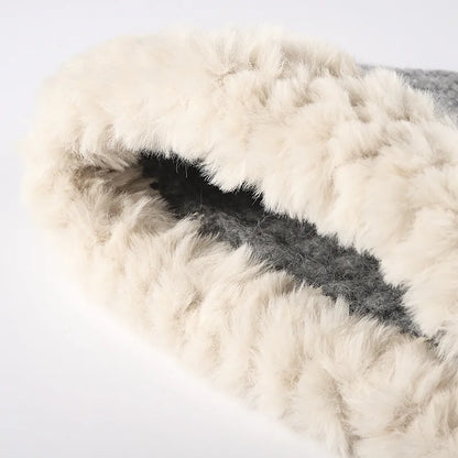 Unisex Faux Fur Trim Knit Beanie - Indigo texture close-up
