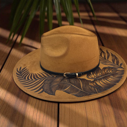 Angled view of the khaki brown High Definition hat with a decorative band