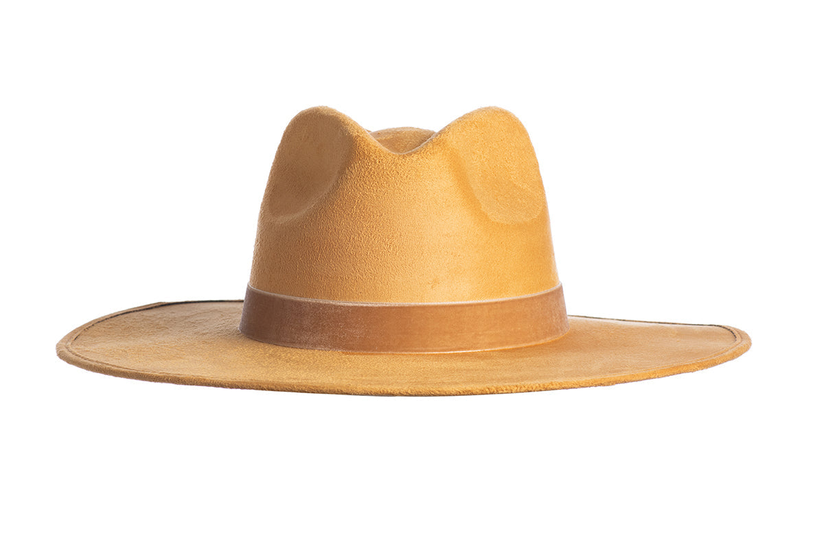 ASN Hats Aria mustard fedora hat, front angle showing the crown and brim