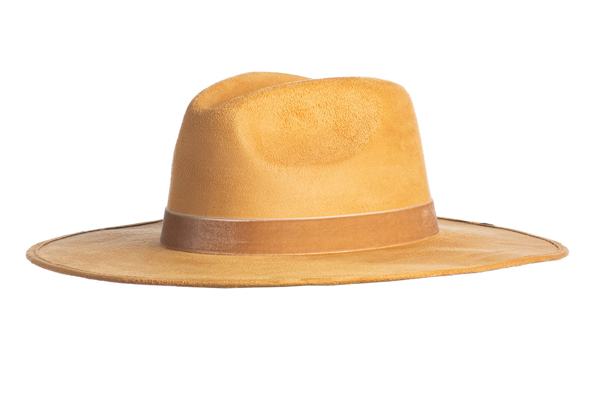 ASN Hats Aria mustard fedora hat, side profile showing the hatband