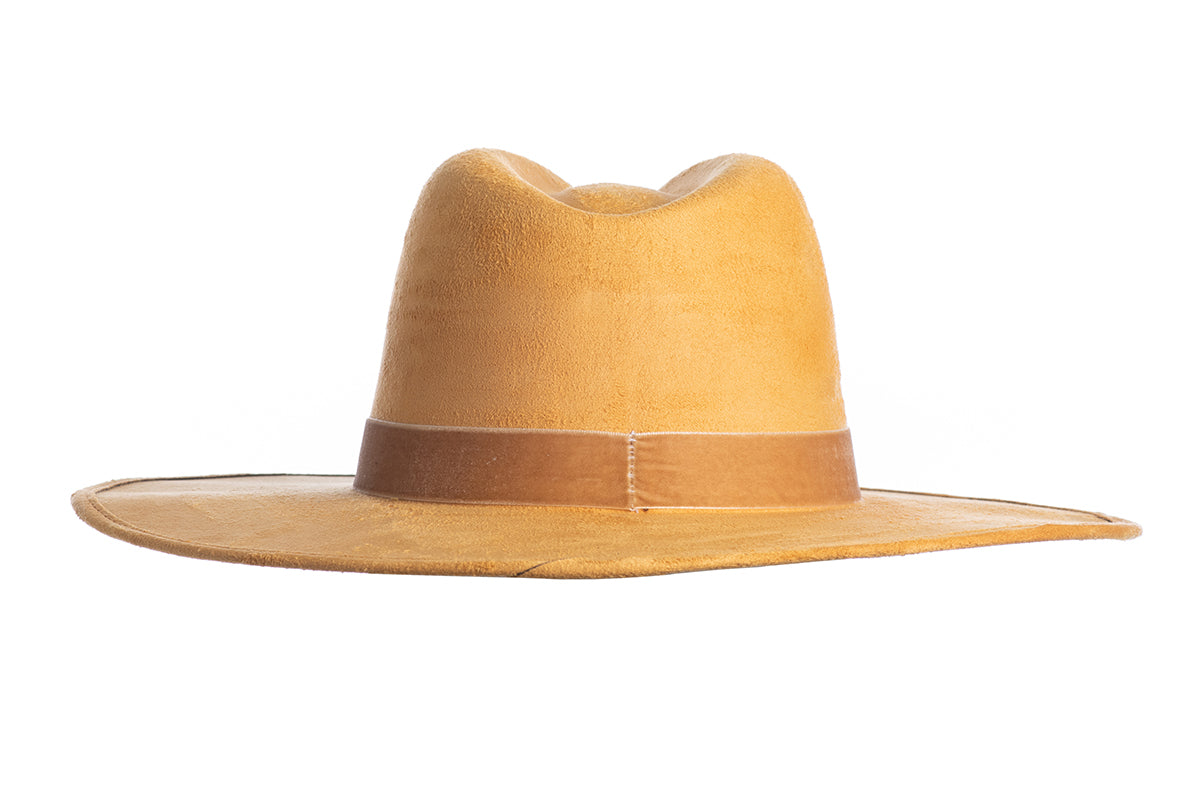 ASN Hats Aria mustard fedora hat, rear view showing the crown and trim