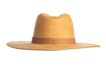 ASN Hats Aria mustard fedora hat, rear view showing the crown and trim