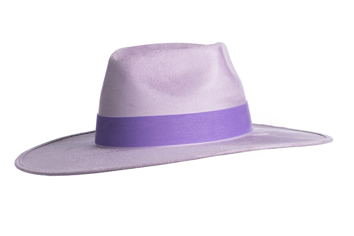 ASN Hats Luna lavender fedora hat, side profile showing the hatband