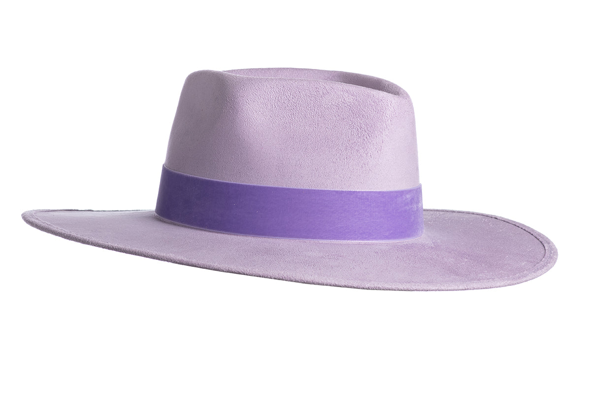 ASN Hats Luna lavender fedora hat, opposite angle showing the brim shape