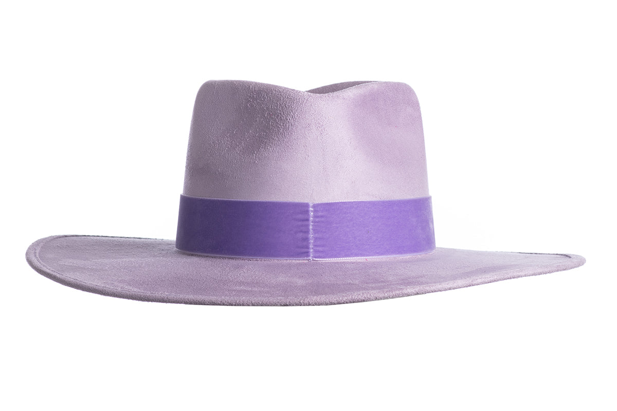ASN Hats Luna lavender fedora hat, rear view showing the crown and trim